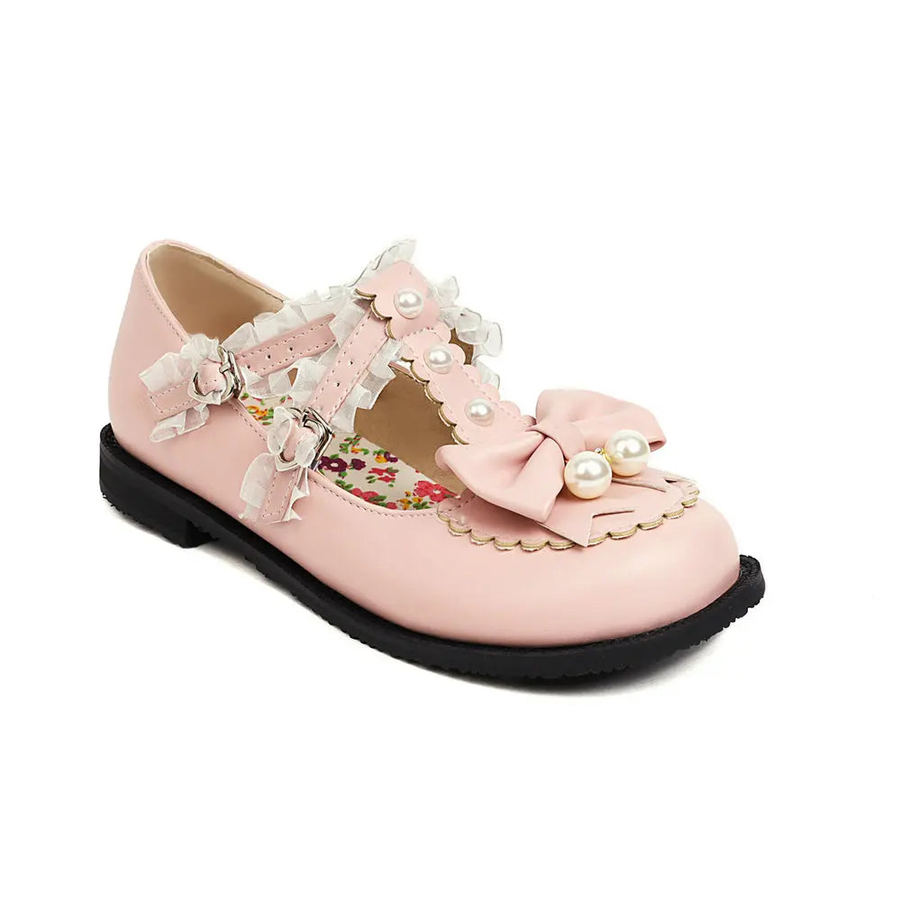 34-48 Bow Pearl Buckle Strap Lace Ruffles Lolita Mary Janes Shoes