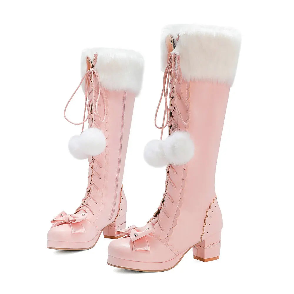 Lolita Warm Fur Bowtie Leather High Boots - 33-45
