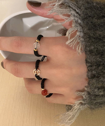 Black Agate Weave Handmade Three-Piece Copper Set Coin Crystal Rings