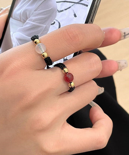 Black Agate Weave Handmade Three-Piece Copper Set Coin Crystal Rings