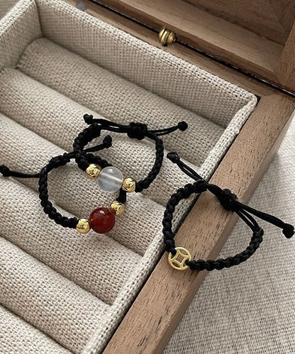 Black Agate Weave Handmade Three-Piece Copper Set Coin Crystal Rings