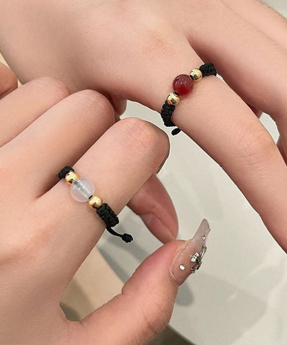 Black Agate Weave Handmade Three-Piece Copper Set Coin Crystal Rings