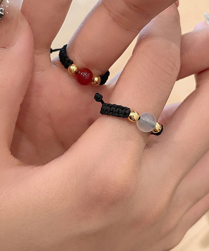 Black Agate Weave Handmade Three-Piece Copper Set Coin Crystal Rings