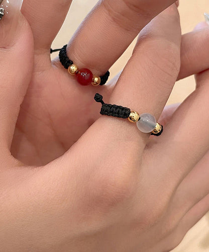 Black Agate Weave Handmade Three-Piece Copper Set Coin Crystal Rings