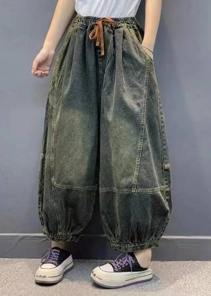 Waist Summer Patchwork Lantern Pants Green Pockets Elastic Handmade