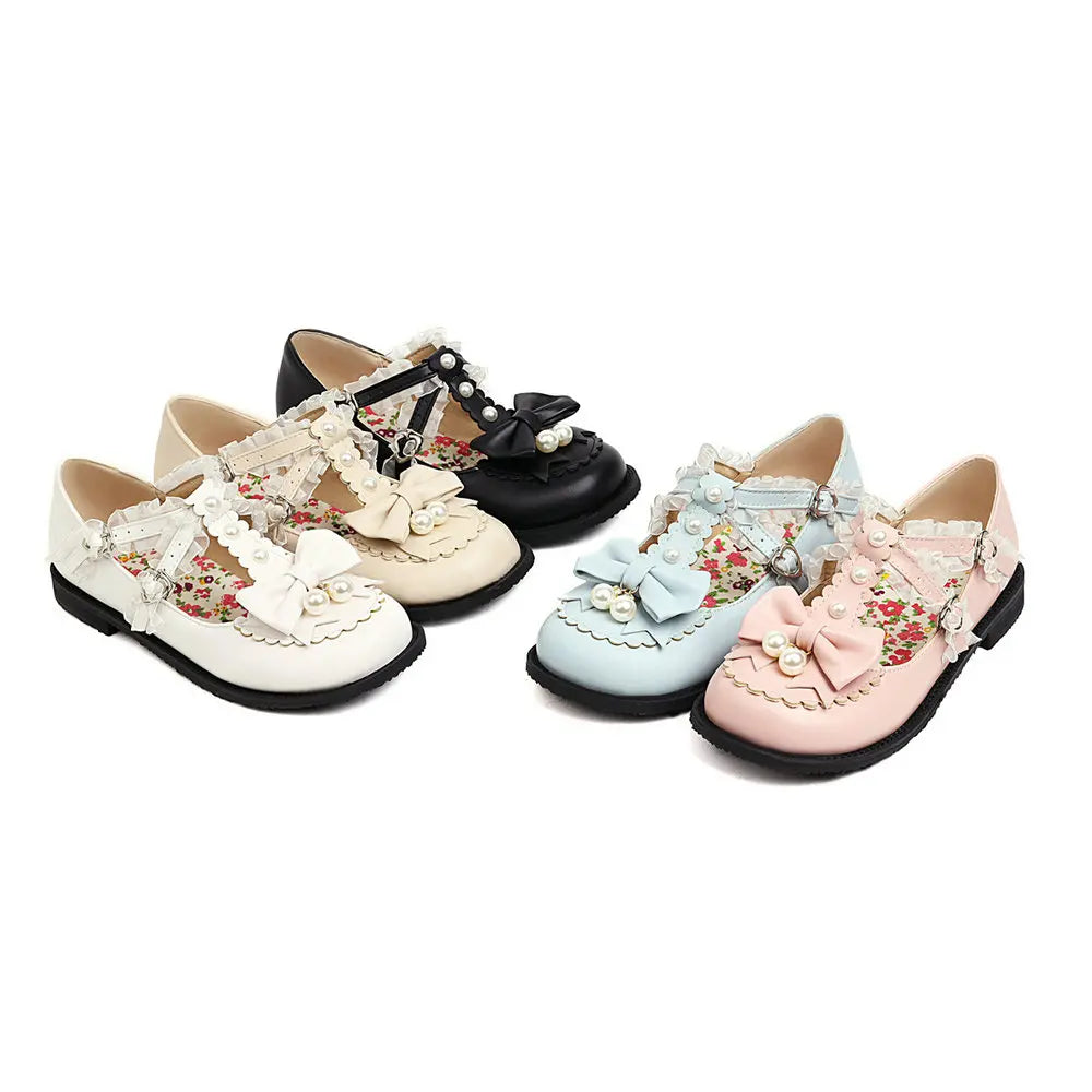 34-48 Bow Pearl Buckle Strap Lace Ruffles Lolita Mary Janes Shoes