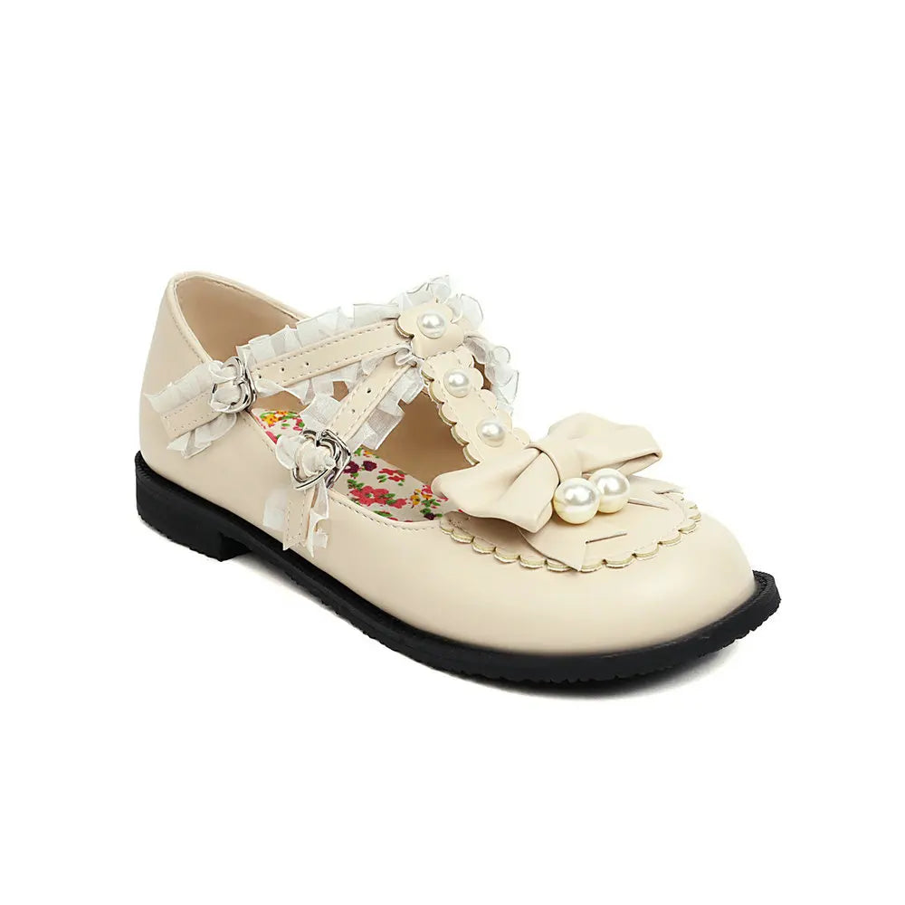34-48 Bow Pearl Buckle Strap Lace Ruffles Lolita Mary Janes Shoes