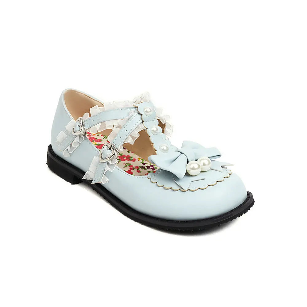 34-48 Bow Pearl Buckle Strap Lace Ruffles Lolita Mary Janes Shoes