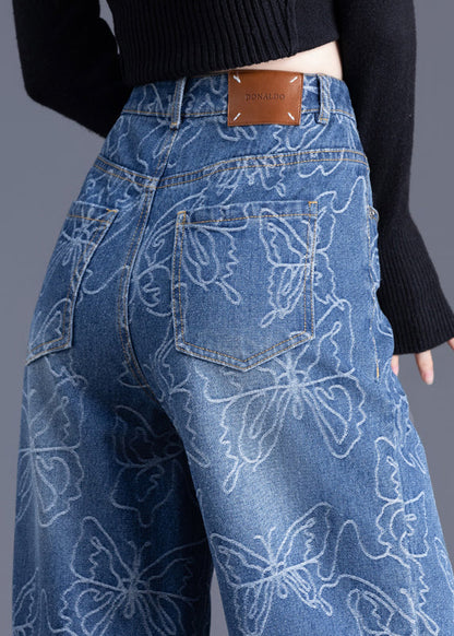 Denim Hohe Hose Sommer Gerade Hose Taille Print Italienisch Blau