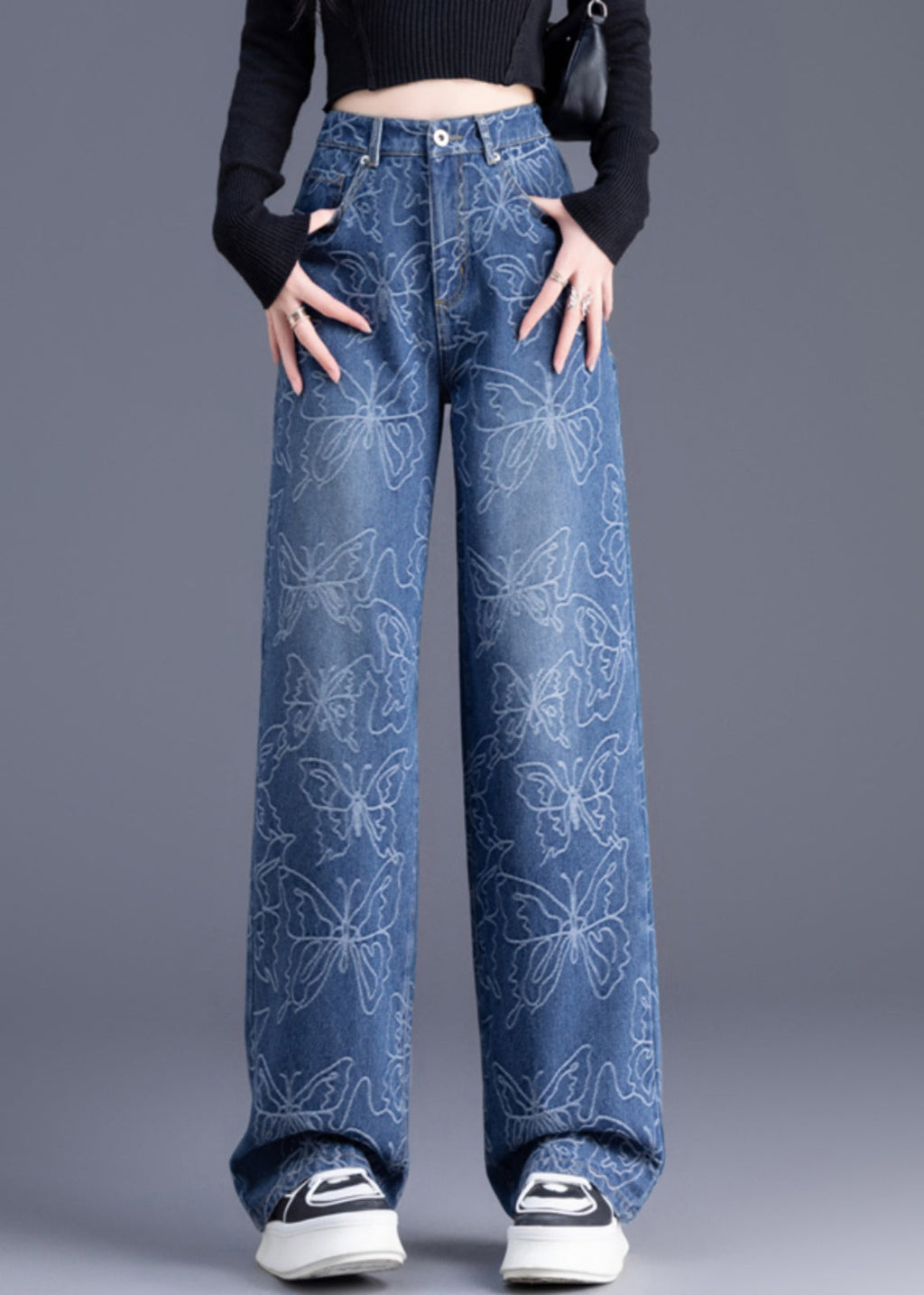Denim Hohe Hose Sommer Gerade Hose Taille Print Italienisch Blau