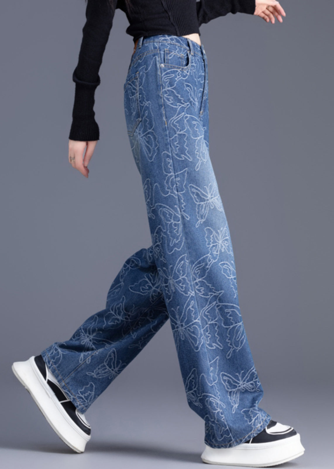 Denim Hohe Hose Sommer Gerade Hose Taille Print Italienisch Blau