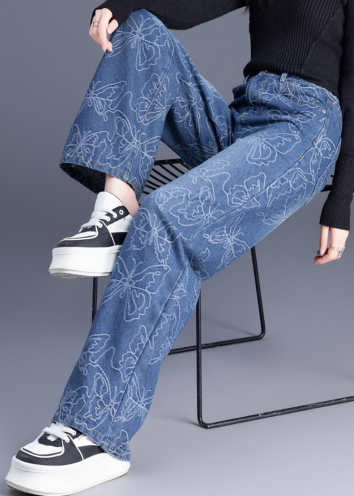 Denim Hohe Hose Sommer Gerade Hose Taille Print Italienisch Blau