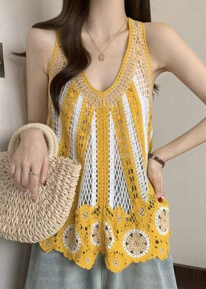 Hemd Italienisch Hohl Hals V Blau Strick Ärmellos T Out