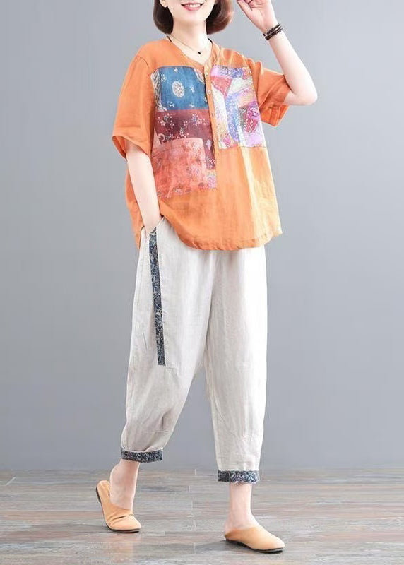 Orange Oversized Pieces Sommer-Leinenset mit italienischem Print, zwei