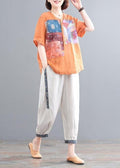 Orange Oversized Pieces Sommer-Leinenset mit italienischem Print, zwei