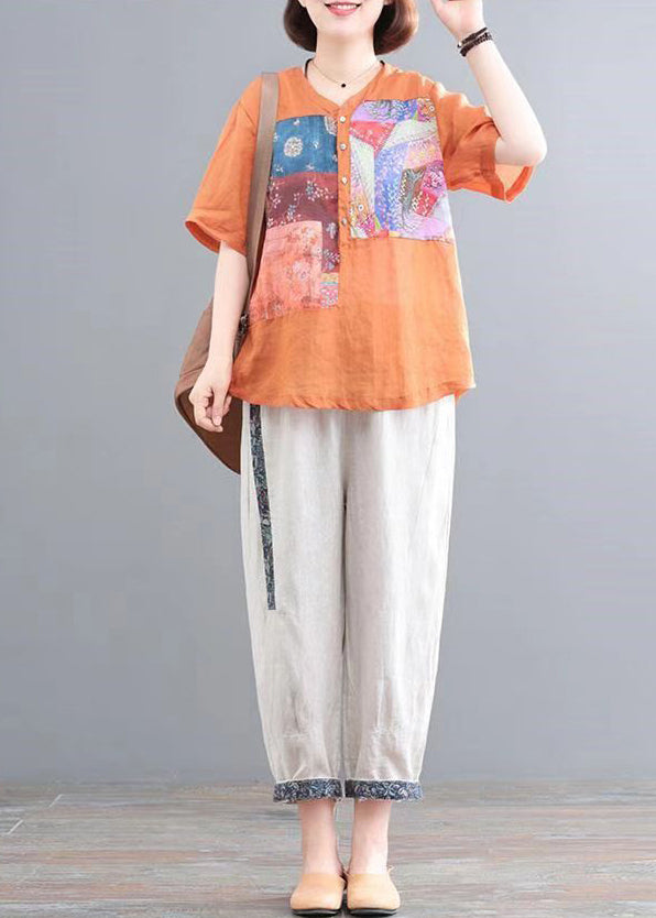 Orange Oversized Pieces Sommer-Leinenset mit italienischem Print, zwei