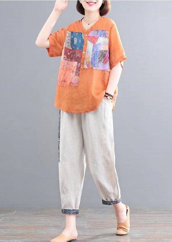 Orange Oversized Pieces Sommer-Leinenset mit italienischem Print, zwei