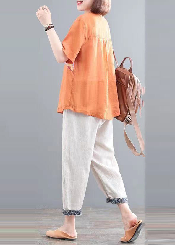 Orange Oversized Pieces Sommer-Leinenset mit italienischem Print, zwei
