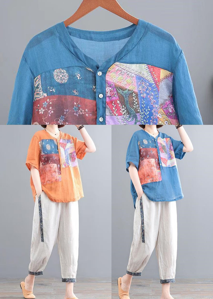 Orange Oversized Pieces Sommer-Leinenset mit italienischem Print, zwei