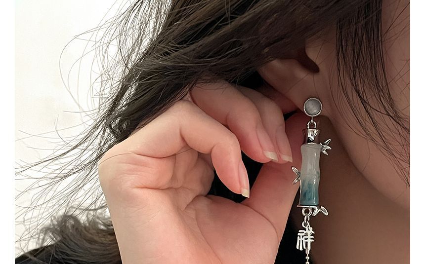 竹の目合金フェイクキャットイヤリングダングルストーン