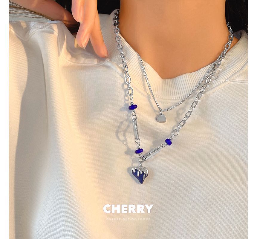 スチールグレーズレイヤーネックレスペンダントステンレスハート