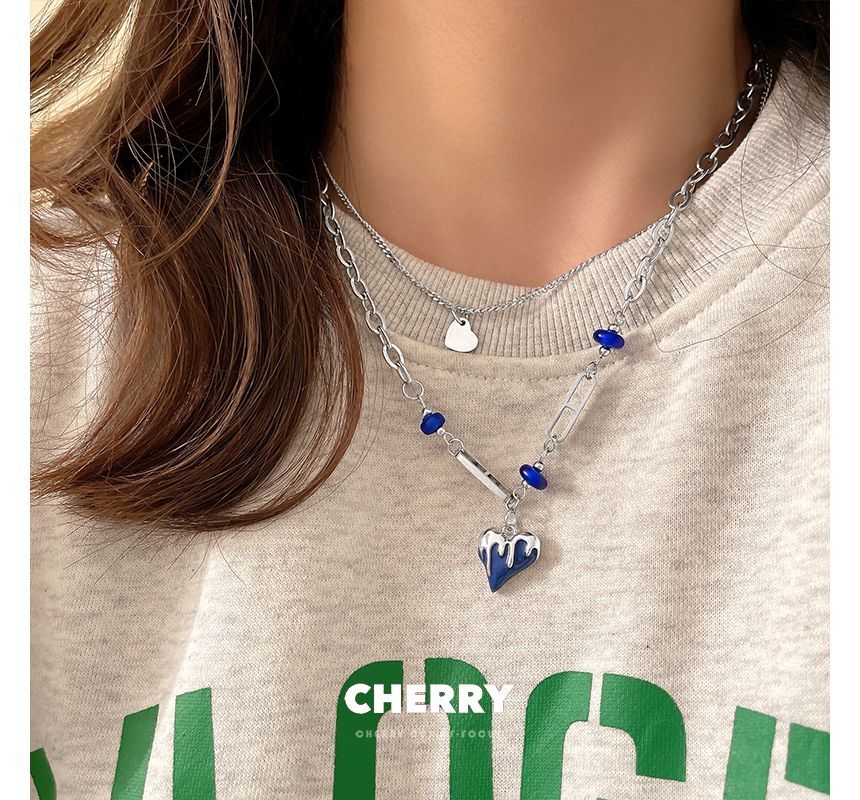 スチールグレーズレイヤーネックレスペンダントステンレスハート