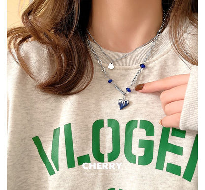 スチールグレーズレイヤーネックレスペンダントステンレスハート