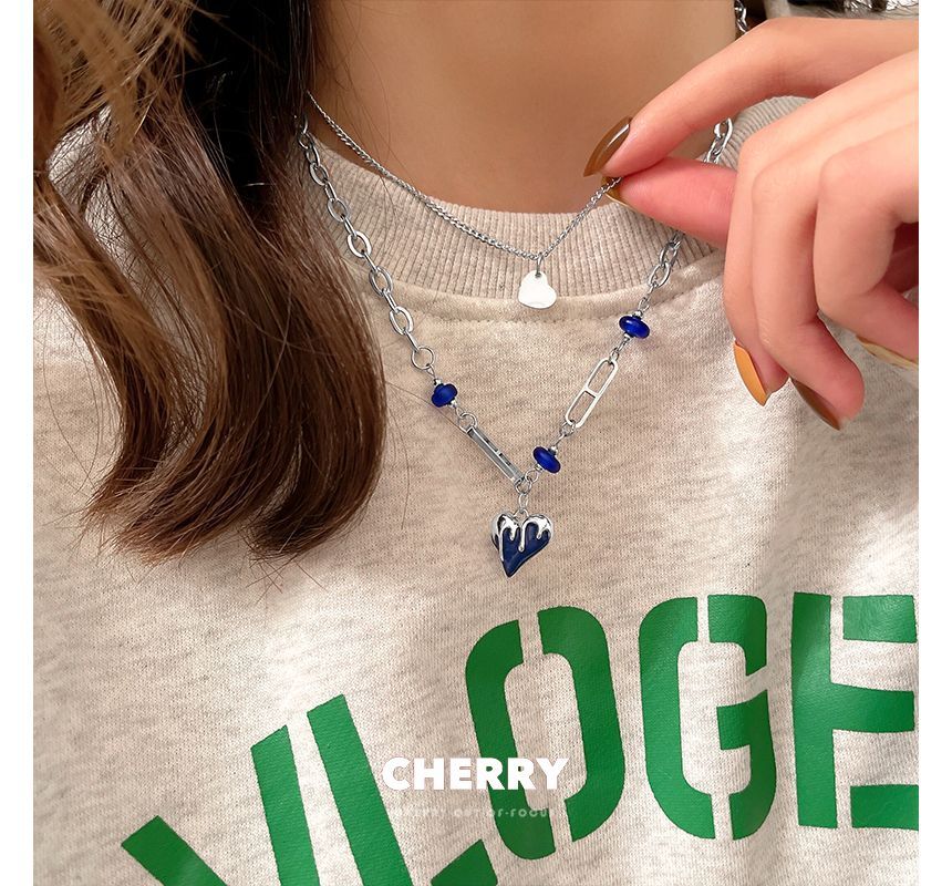 スチールグレーズレイヤーネックレスペンダントステンレスハート