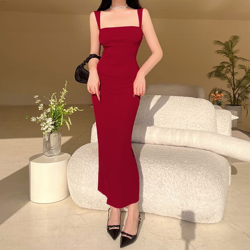 Sleeveless Square Neck Plain Maxi Sheath Dress