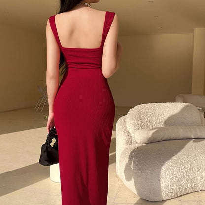 Sleeveless Square Neck Plain Maxi Sheath Dress