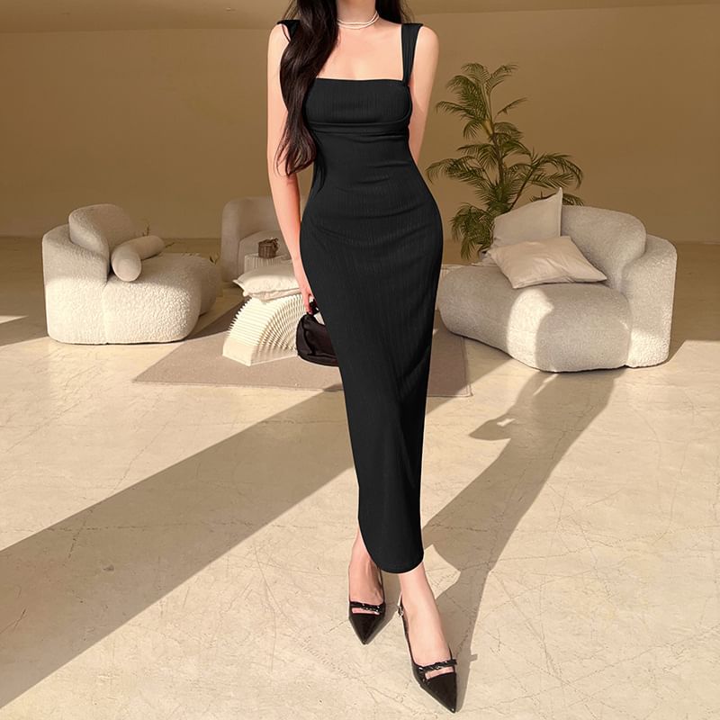 Sleeveless Square Neck Plain Maxi Sheath Dress