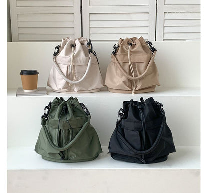 Drawstring Nylon Bucket Bag Multi-Pocket