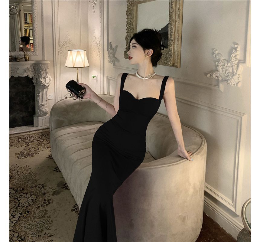 Spaghetti Strap Plain Maxi Mermaid Dress