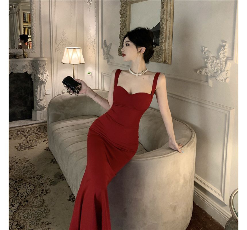 Spaghetti Strap Plain Maxi Mermaid Dress