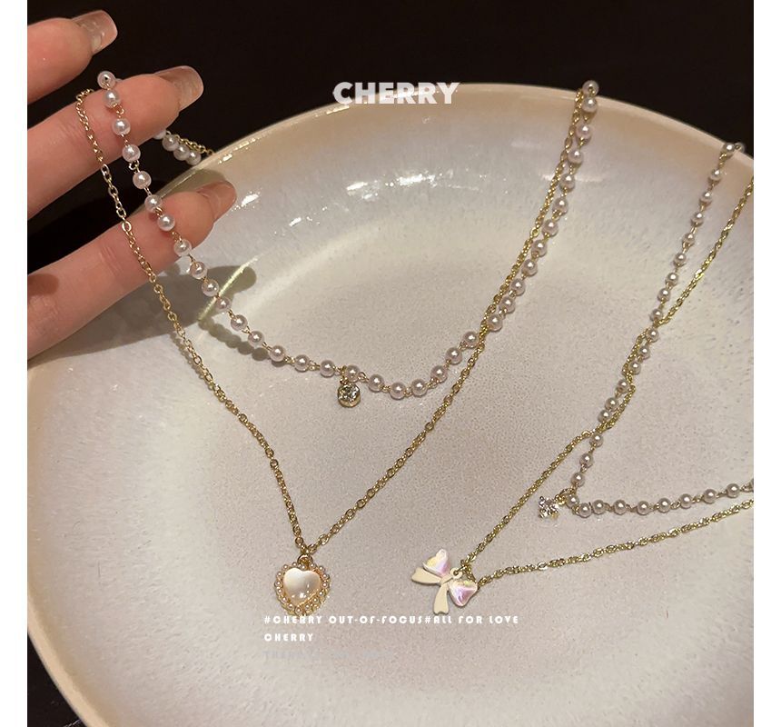 レイヤードネックレス パールフェイク