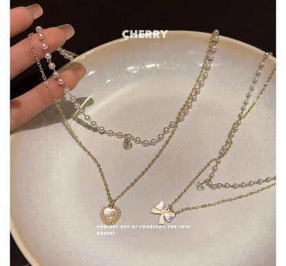 レイヤードネックレス パールフェイク