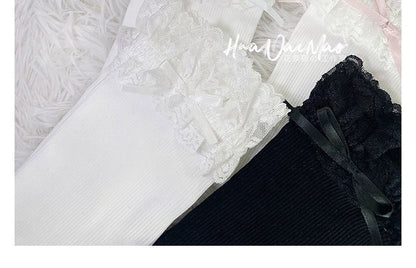 Lace Trim Tall Plain Socks Bow