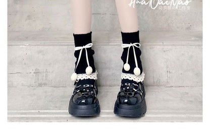 Knit Trim Lace Bobble Leg Bow Warmer