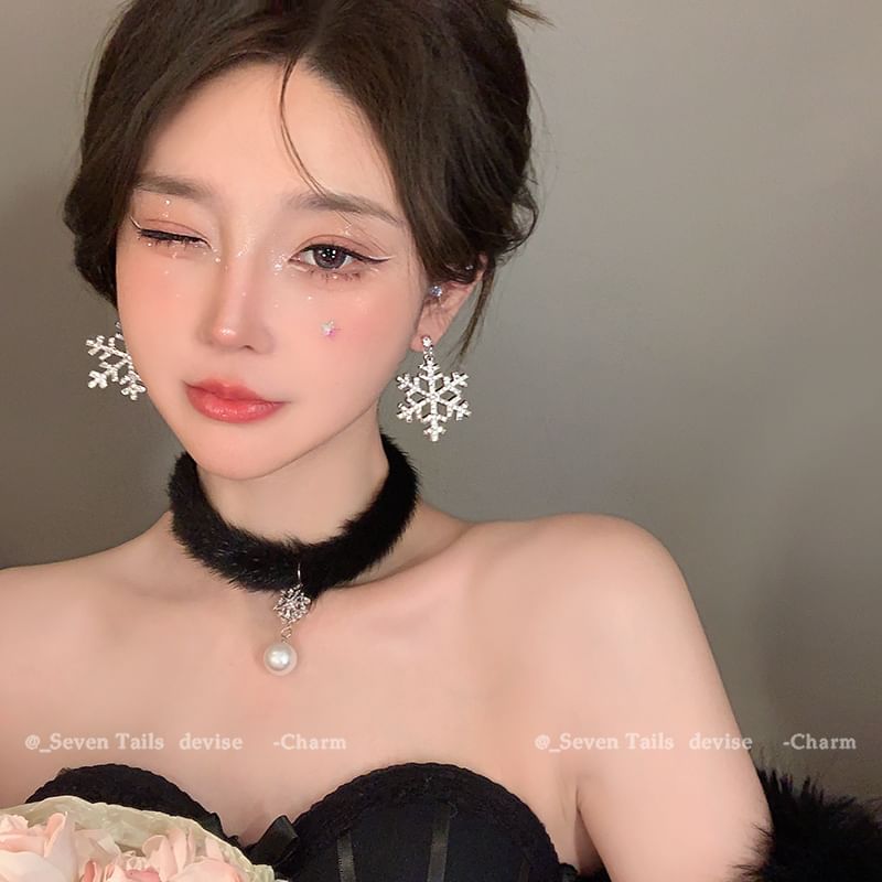 Set / Baum Armband Flauschiger Tropfen Weihnachten Schneeflocke Ohrring Choker Kronleuchter