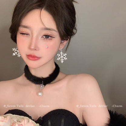 Set / Baum Armband Flauschiger Tropfen Weihnachten Schneeflocke Ohrring Choker Kronleuchter