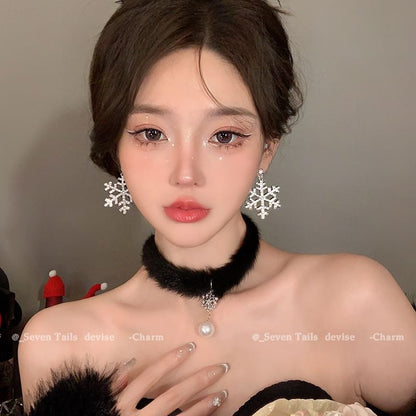 Set / Baum Armband Flauschiger Tropfen Weihnachten Schneeflocke Ohrring Choker Kronleuchter