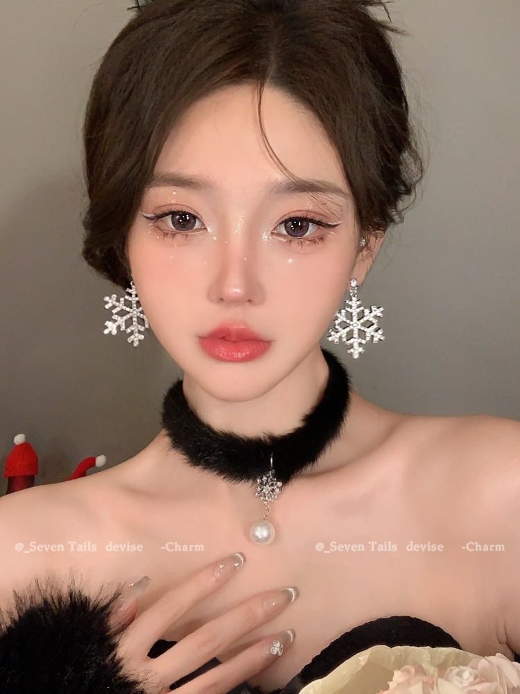 Set / Baum Armband Flauschiger Tropfen Weihnachten Schneeflocke Ohrring Choker Kronleuchter