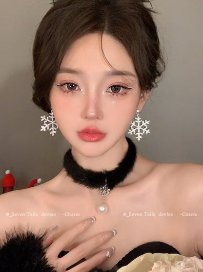 Set / Baum Armband Flauschiger Tropfen Weihnachten Schneeflocke Ohrring Choker Kronleuchter