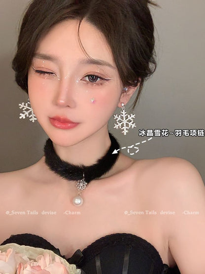 Set / Baum Armband Flauschiger Tropfen Weihnachten Schneeflocke Ohrring Choker Kronleuchter