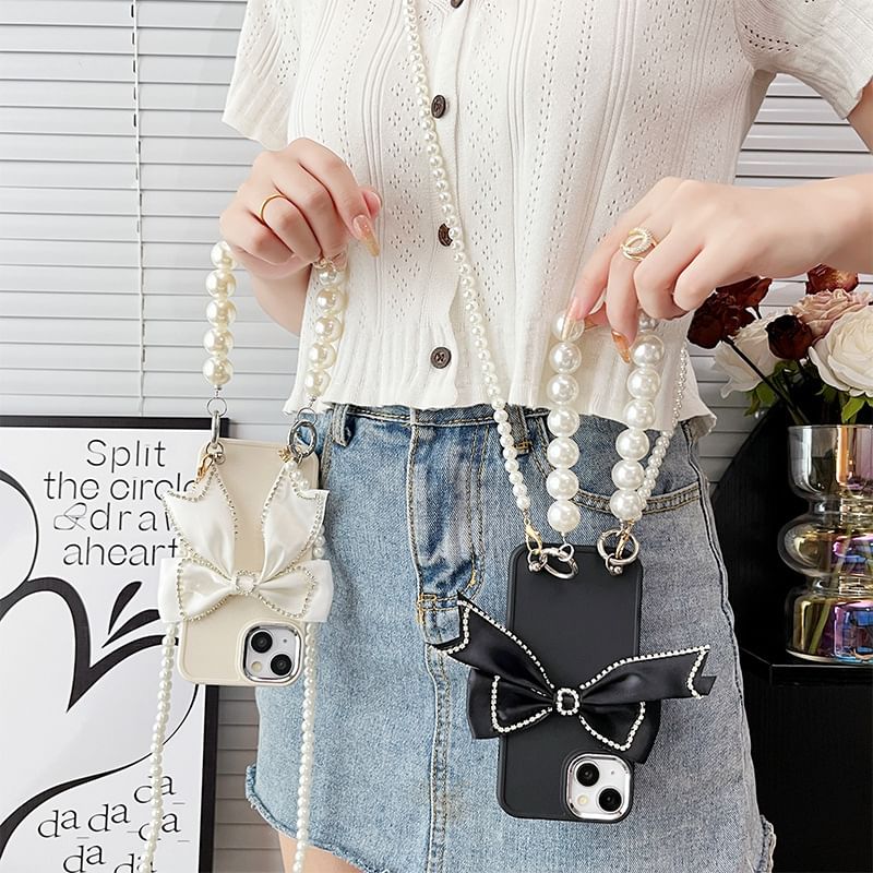 Lanyard Case Phone Bow Faux Pearl