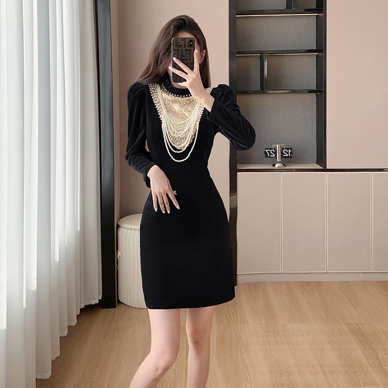 Long-Sleeve Crew Neck  Plain Velvet Mini Bodycon Dress