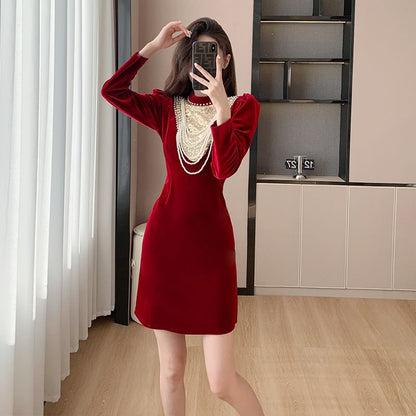 Long-Sleeve Crew Neck  Plain Velvet Mini Bodycon Dress