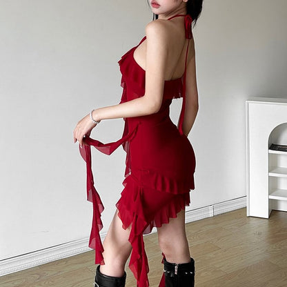 Halter Neck Plain Asymmetrical Mesh Panel Ruffle Trim Open Back Mini Bodycon Dress