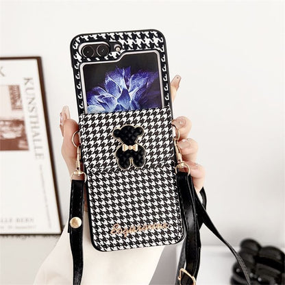 Cat Lanyard Faux Phone Case Houndstooth Pearl