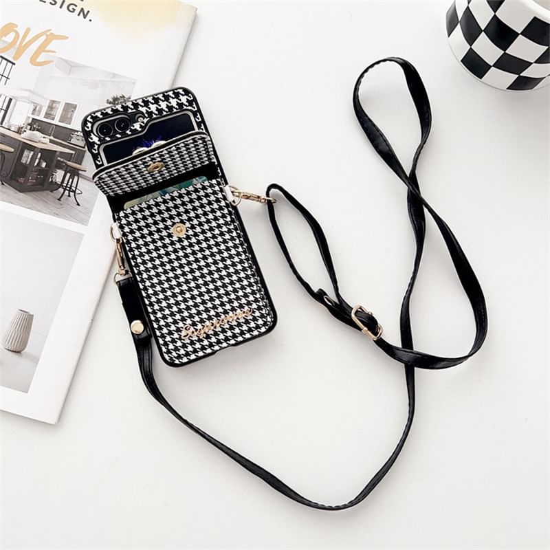 Cat Lanyard Faux Phone Case Houndstooth Pearl